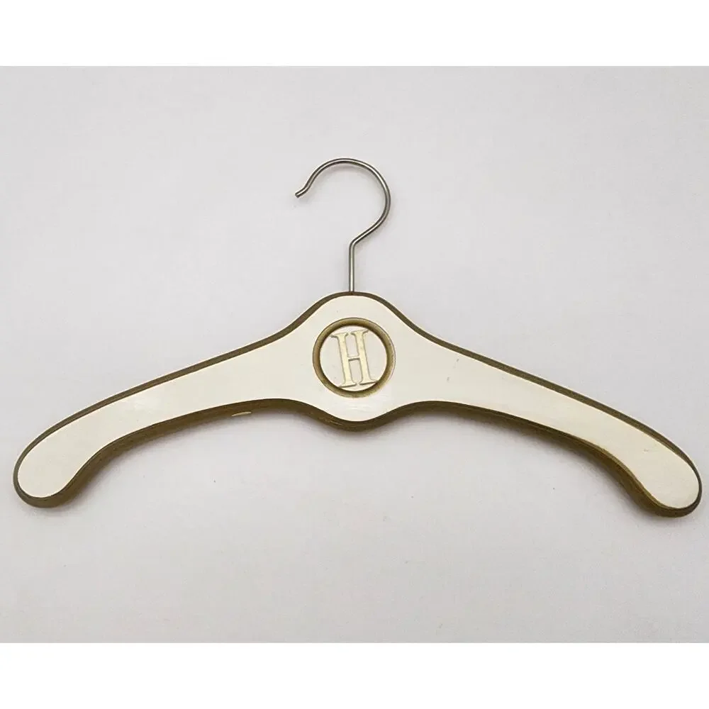 Vtg Lot of 6 Wood Coat Hangers White Gold Hollywood Regency Hotels 1950's